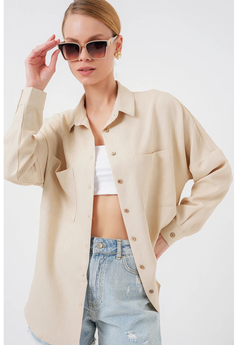 Camasa HiCCUP supradimensionata cu maneca lunga - in - bej - cu buzunar