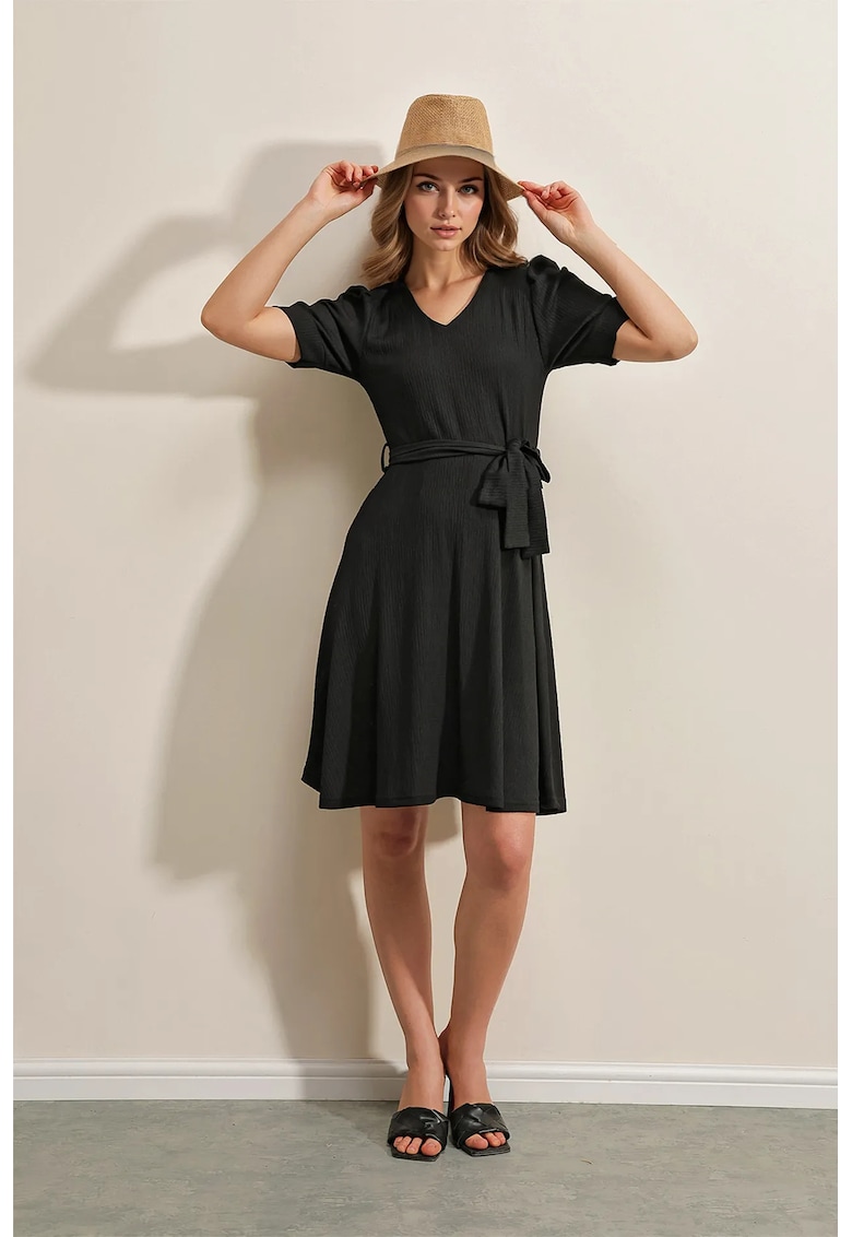 Rochie midi - tricotata - decolteu in V - funda - negru - jerseu Rochie midi - tricotata - decolteu in V - funda - negru - jerseu