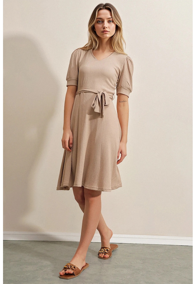 Rochie midi - HiCCUP - tricotata - decolteu in V - bej - jerseu