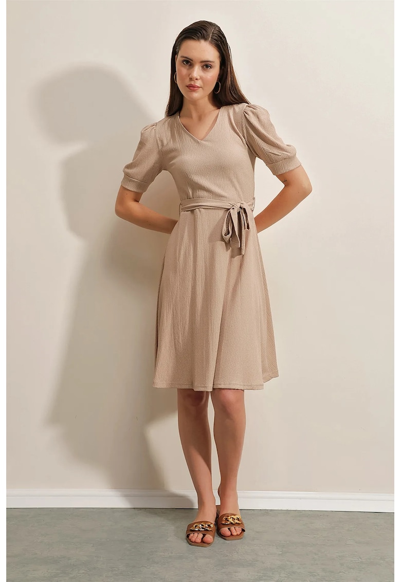 Rochie midi -  tricotata - decolteu in V - funda - bej - jerseu