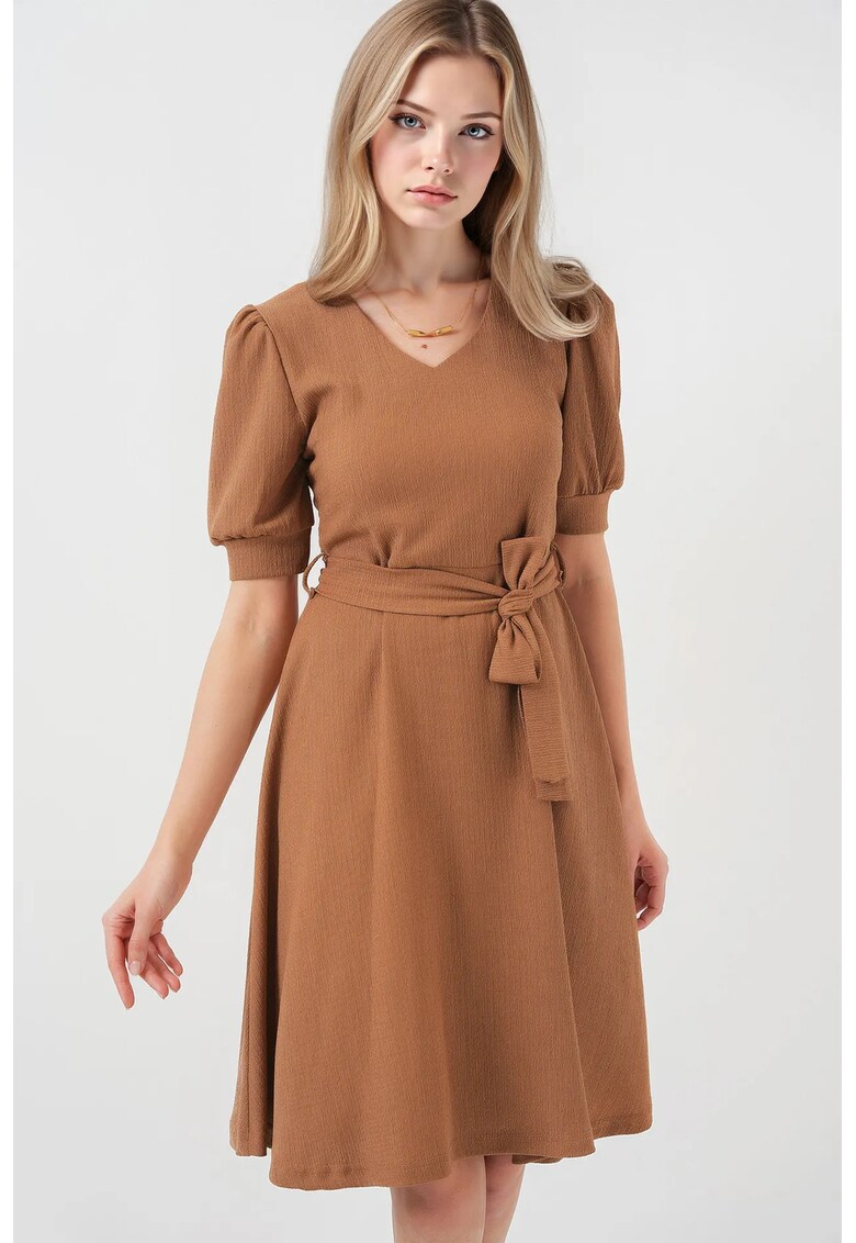 Rochie midi tricotata texturata - decolteu in V - funda - bej - jerseu