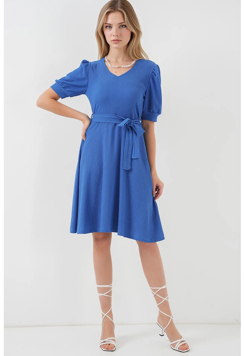 Rochie midi tricotata HiCCUP - texturata - decolteu in V - funda - albastru - jerseu