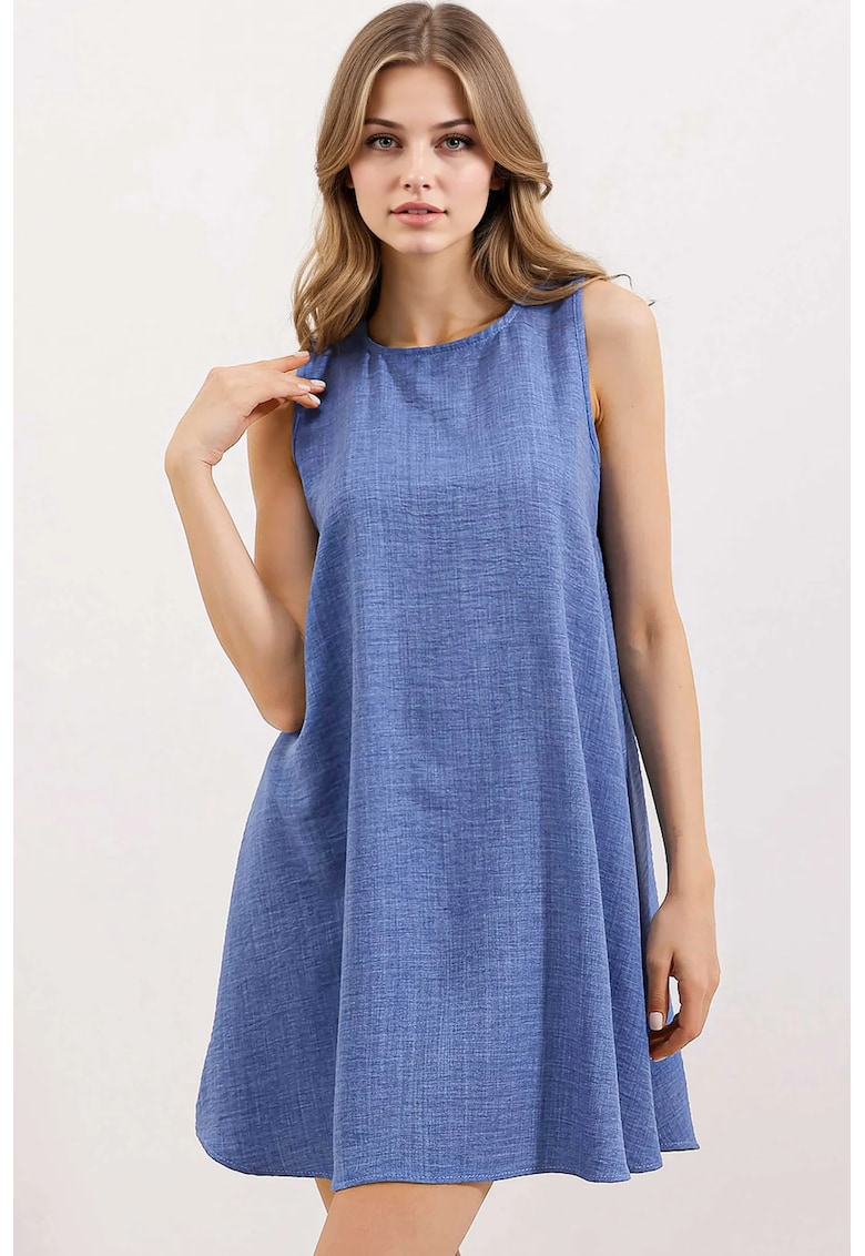 Rochie mini dama HiCCUP - viscoza/in - decolteu rotund - fara maneci - albastru