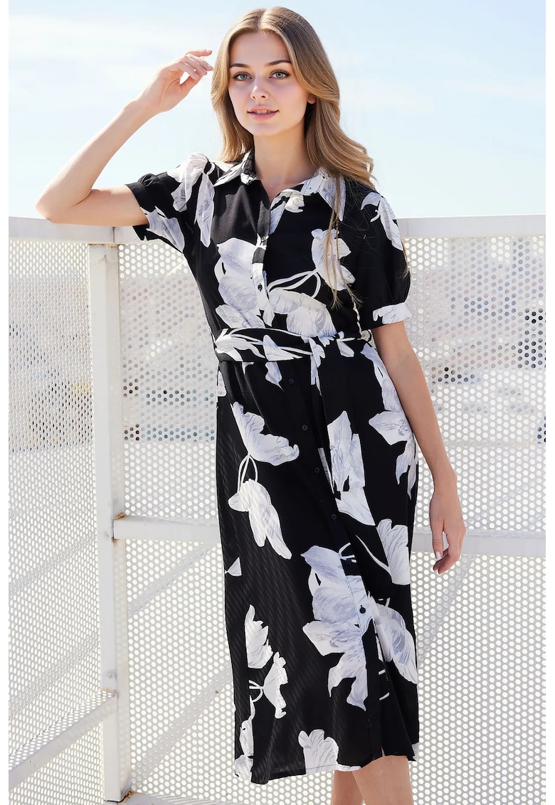 Rochie midi dama HiCCUP - viscoza - imprimeu floral - alb/negru