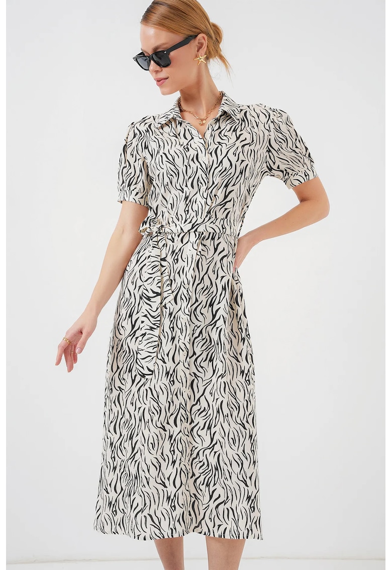 Rochie midi dama HiCCUP - imprimeu floral - viscoza - alb/negru