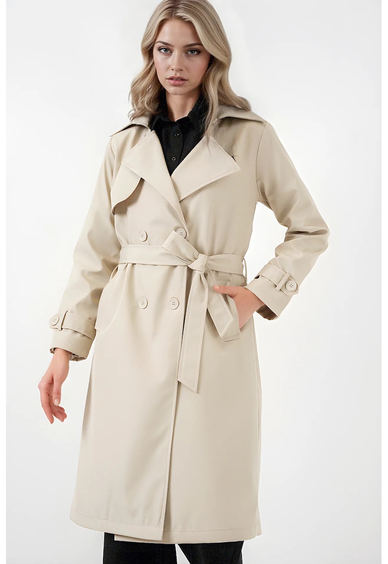 Palton dama - HiCCUP - captusit - cu doua randuri de nasturi - poliester - bej