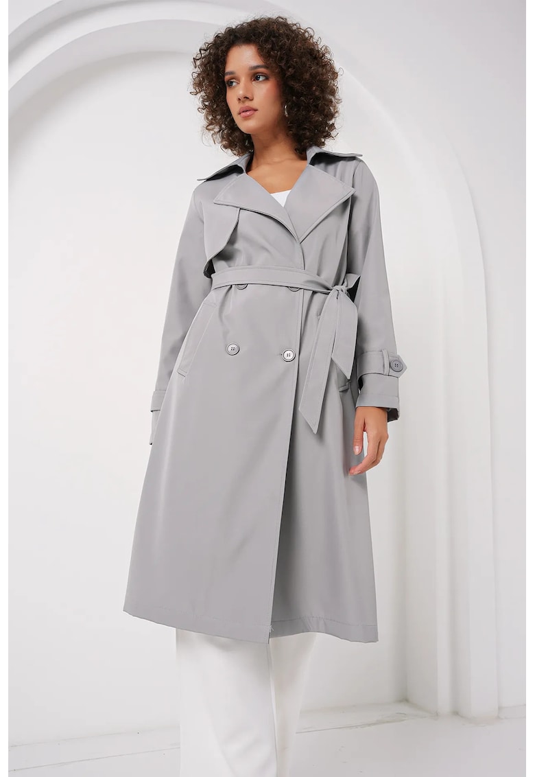 Palton pentru dama -  captusit - cu doua randuri de nasturi - poliester - gri