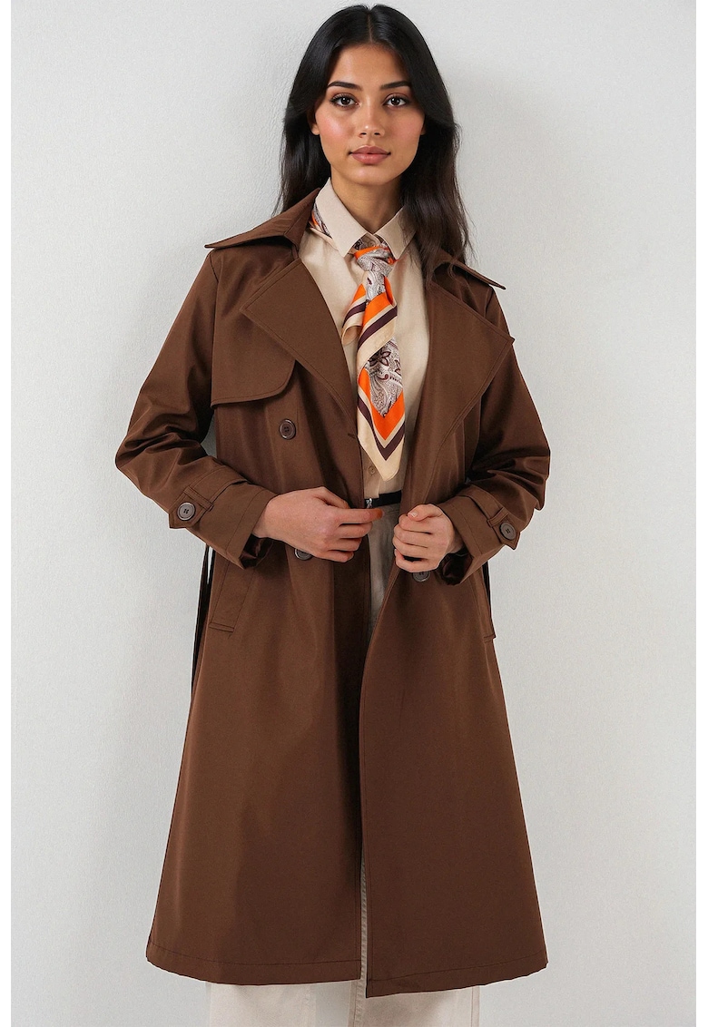 Palton pentru dama - captusit - cu doua randuri de nasturi - maro - poliester