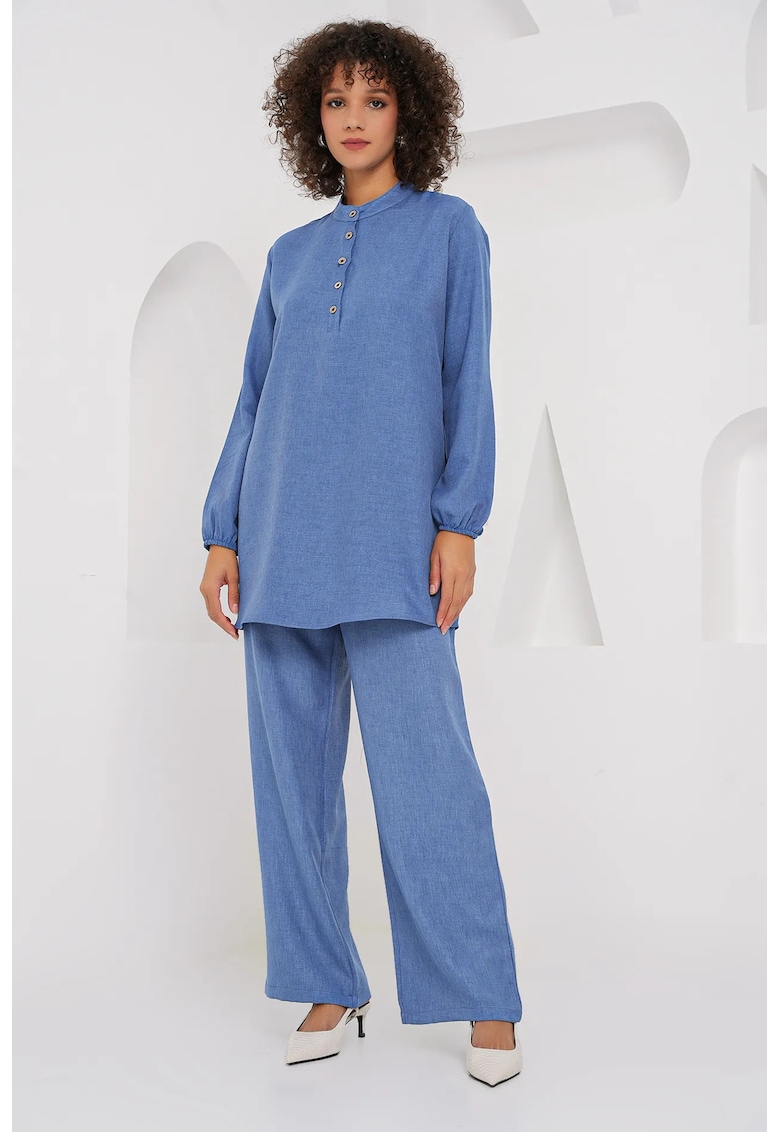 Set coordonat tunica cu maneca lunga si pantaloni largi - Oxford Blue - amestec de in