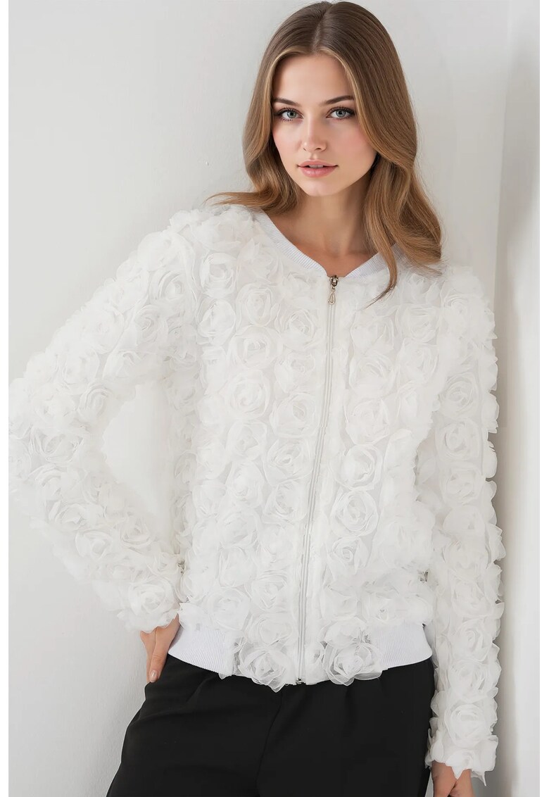 Jacheta dama HiCCUP din plasa/blana artificiala - cu imprimeu floral - alb