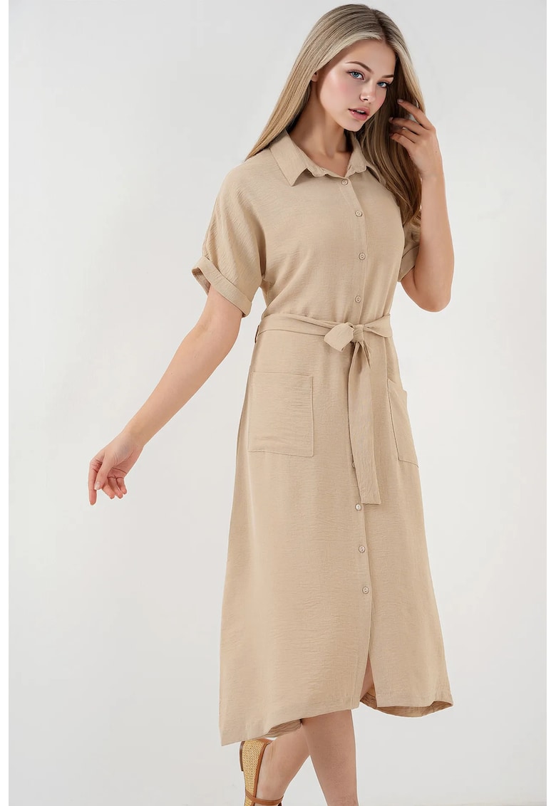 Rochie midi HiCCUP texturata cu guler camasa si buzunare - bej - poliester-elastan