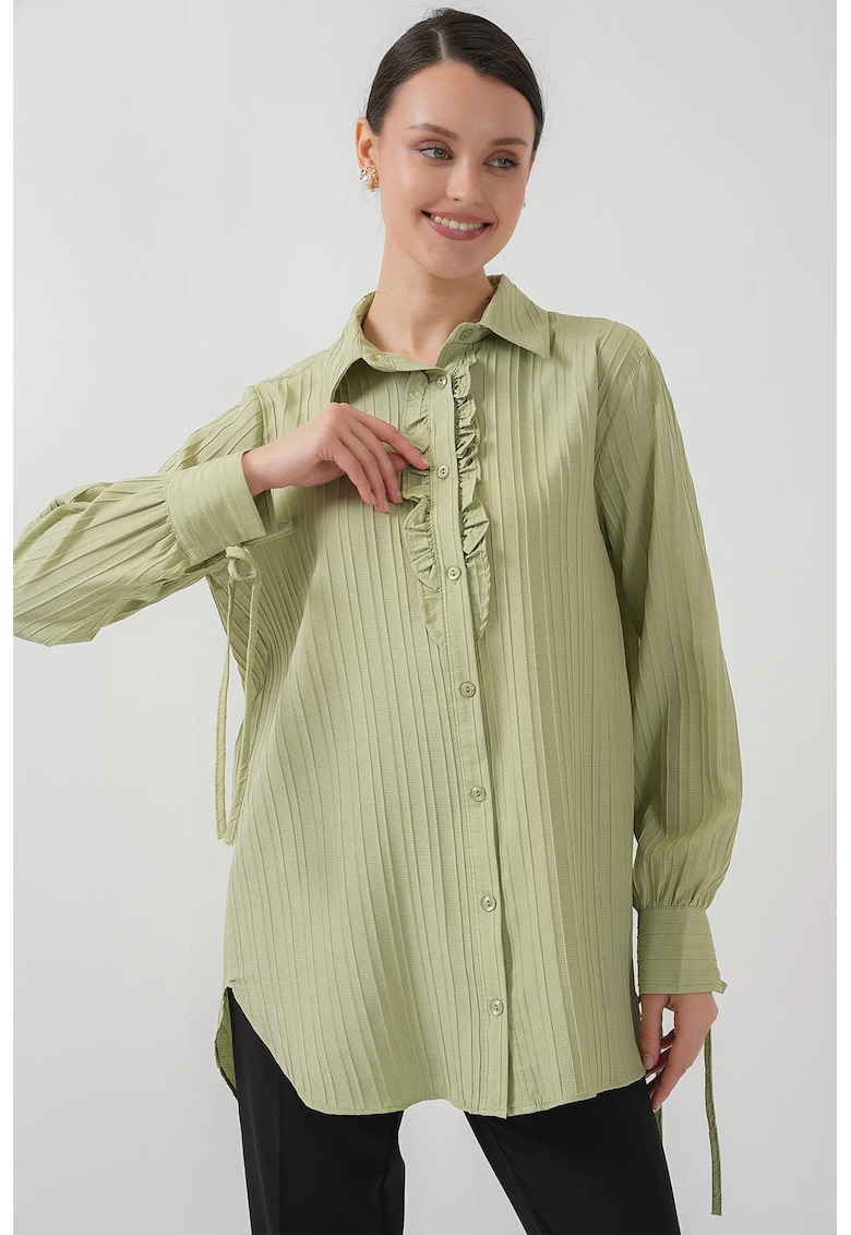 Camasa dama - HiCCUP - cu maneca lunga si volane - verde - poliester-elastan