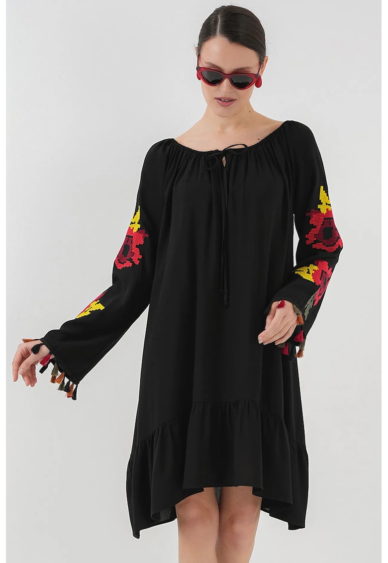 Rochie midi brodata dama - HiCCUP - cu volane - poliester/viscoza - multicolor