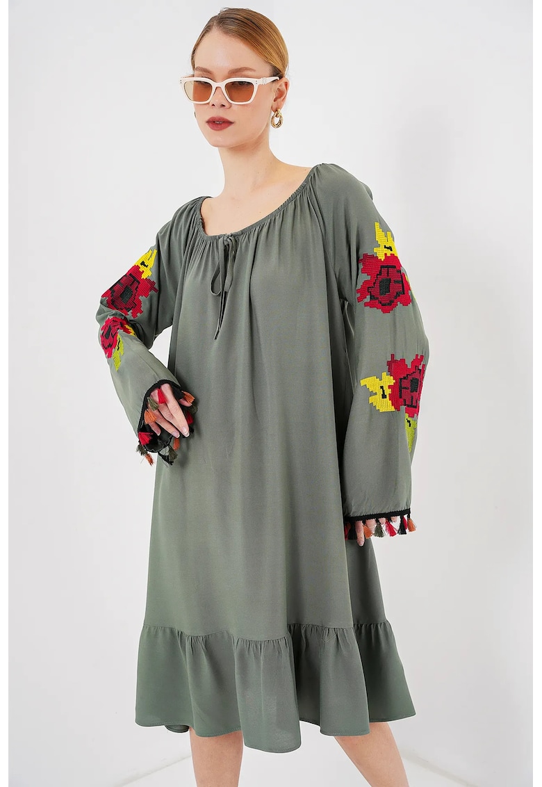 Rochie midi brodata dama HiCCUP - cu volane - poliester/viscoza - multicolor