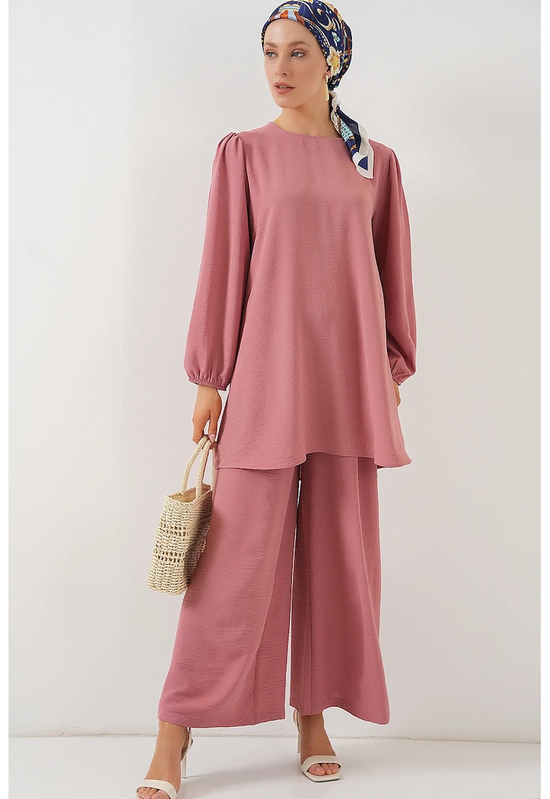 Set tunica si pantaloni dama poliester/elastan - roz