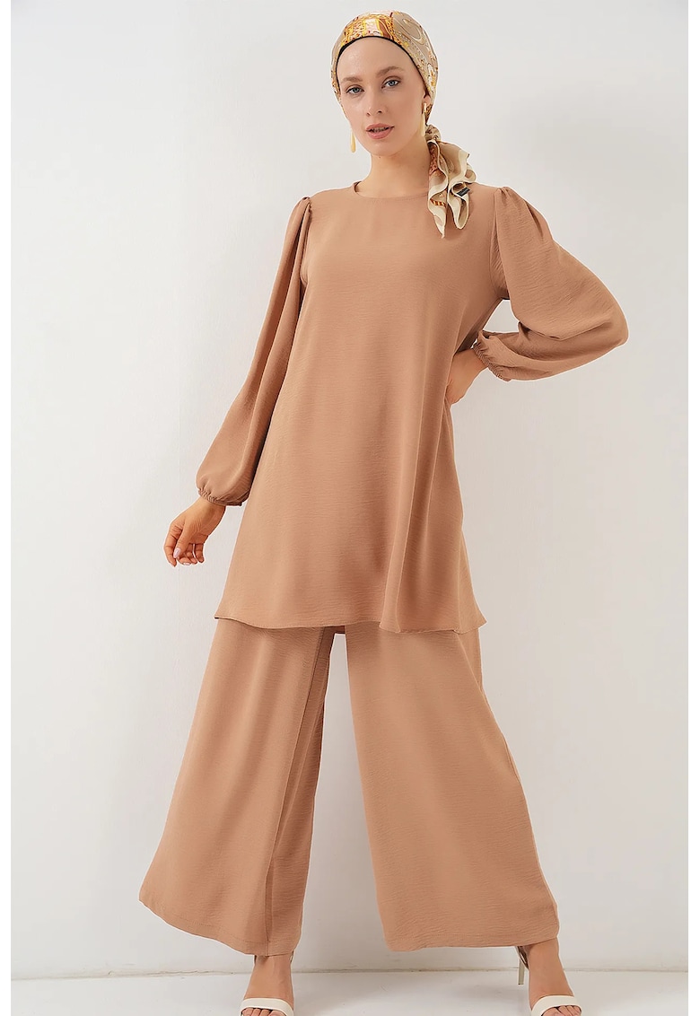 Set tunica si pantaloni dama - poliester/elastan - maro deschis