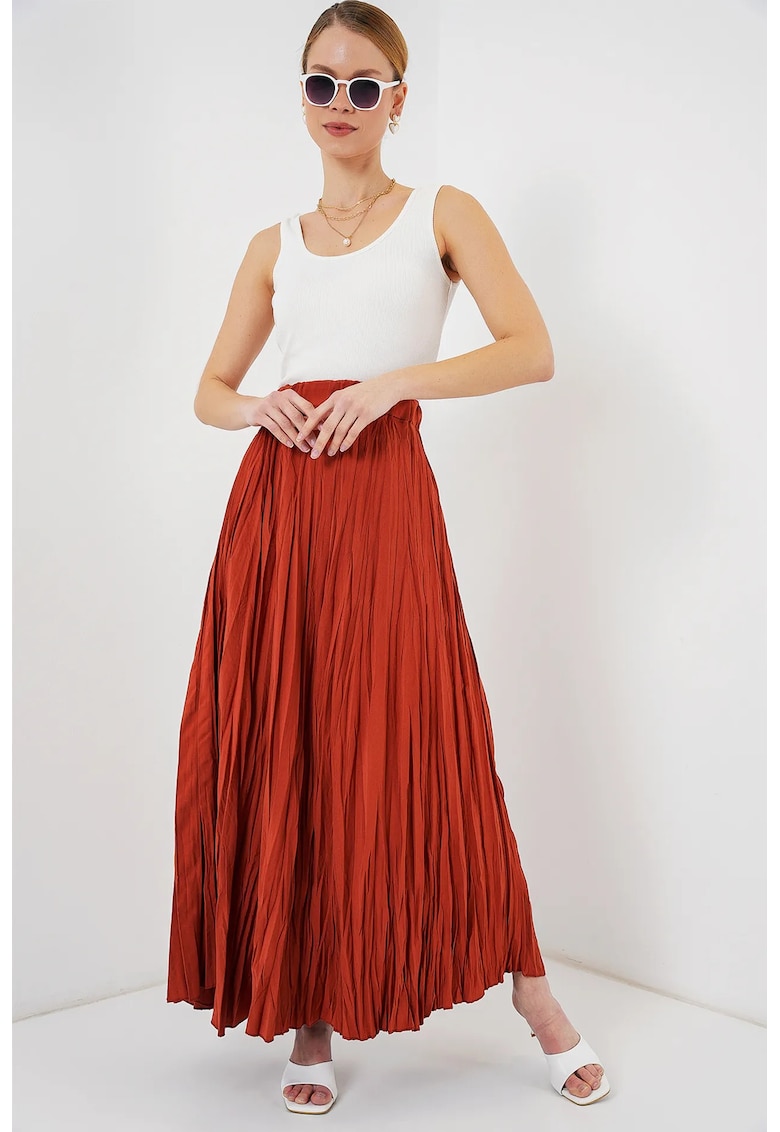 Fusta maxi texturata cu captuseala - rosie - poliester