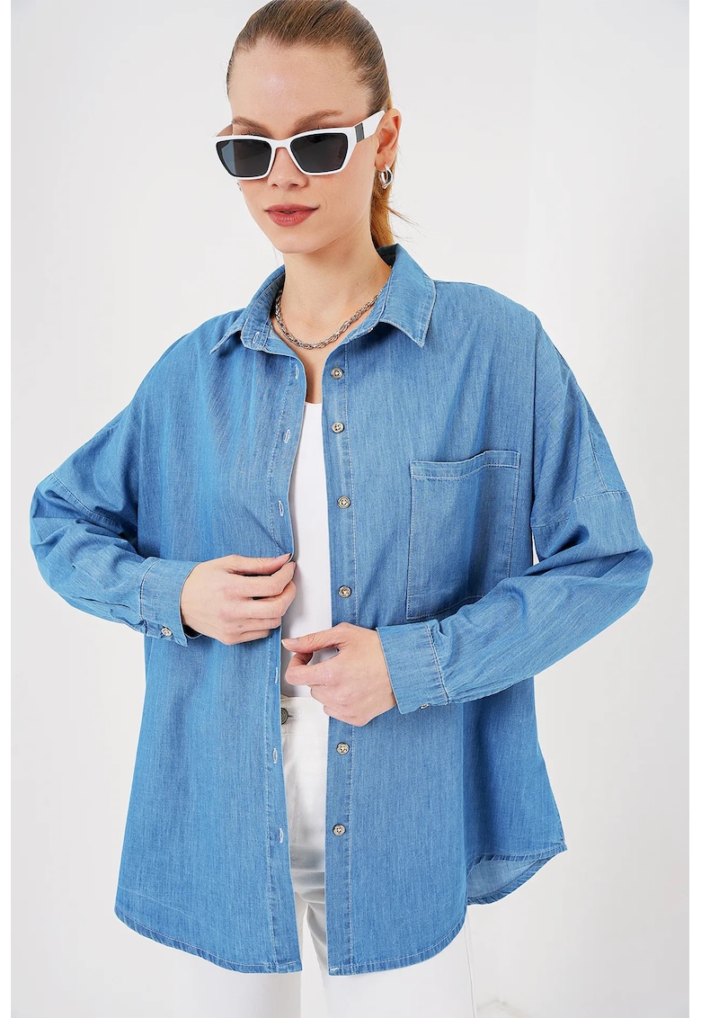 Camasa dama - camasa din denim supradimensionata - buzunar - albastru - denim