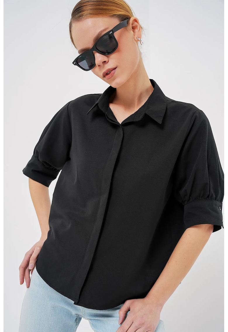 Camasa dama - din poplin - cu nasturi - negru - bumbac