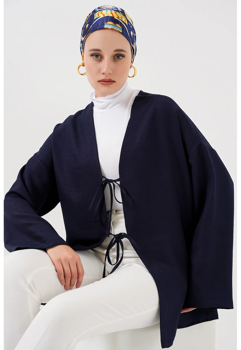 Kimono - V-Neck Loose Fit - cu Pompom - albastru -