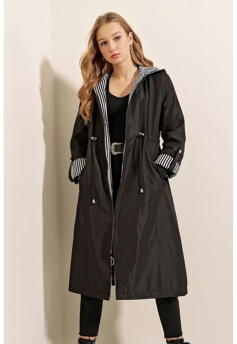 Trench lung cu gluga - snur in talie - negru - poliester - negru
