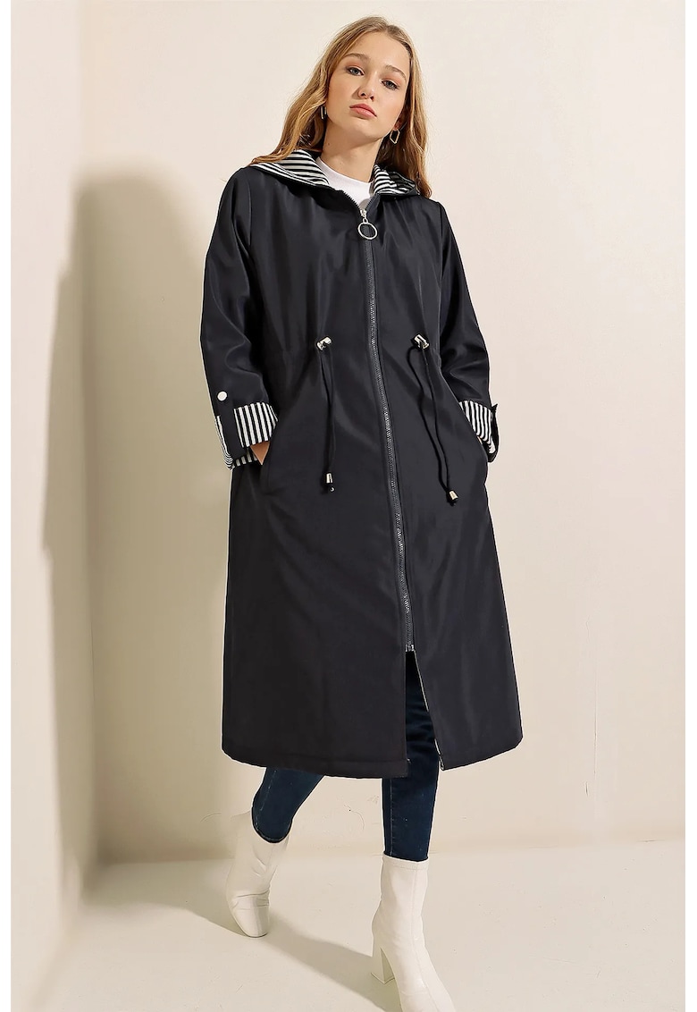 Trench lung cu gluga -  poliester - bleumarin