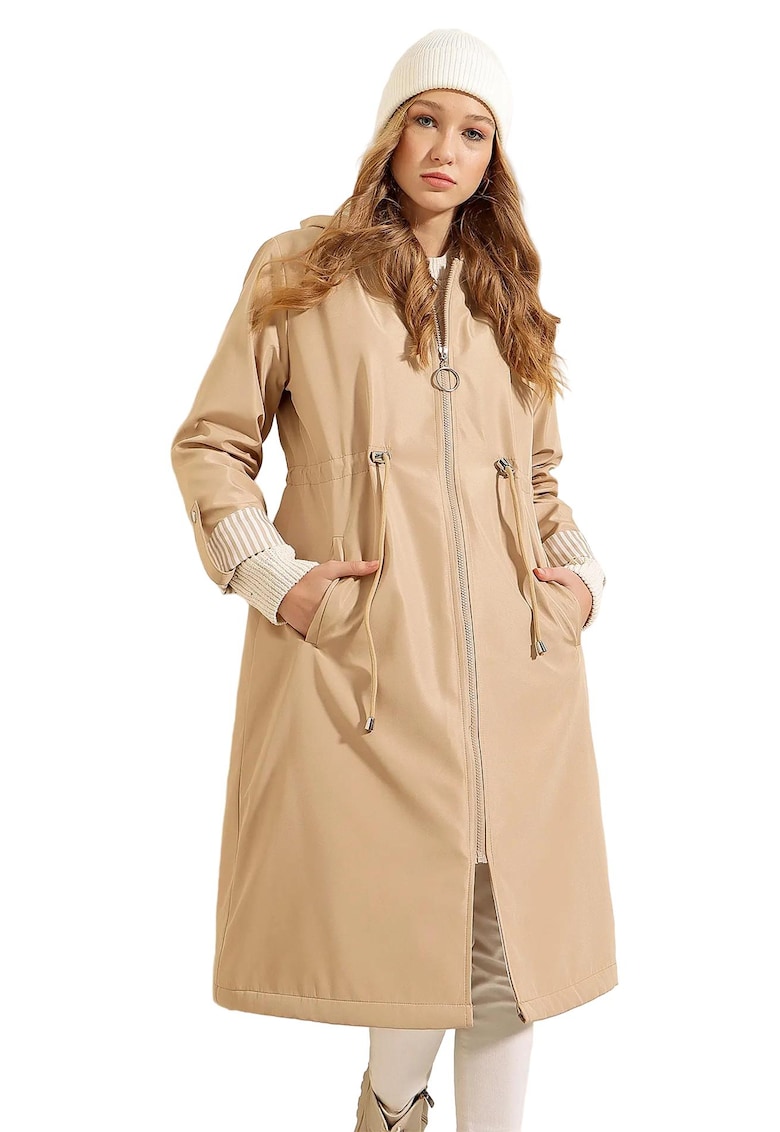 Trenci dama - lung - cu gluga - bej natural - poliester