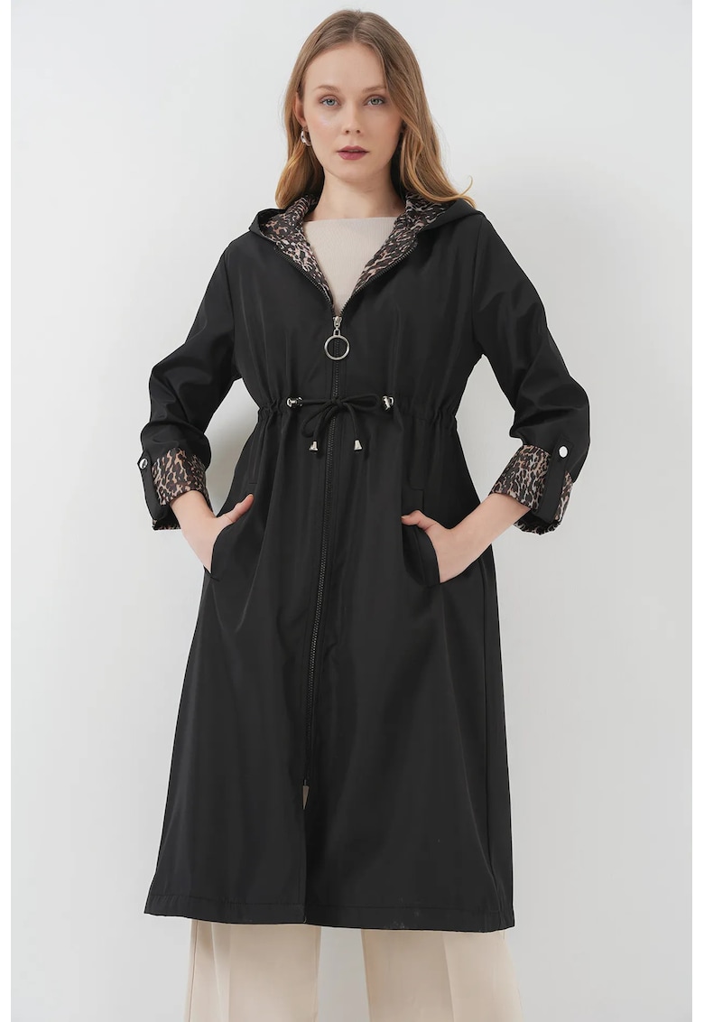 Trench lung cu gluga -  poliester - cu snur in talie - negru