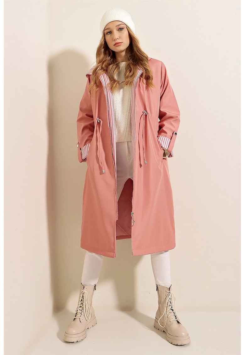 Palton dama - HiCCUP - lung - cu gluga - talie cu snur - poliester - roz