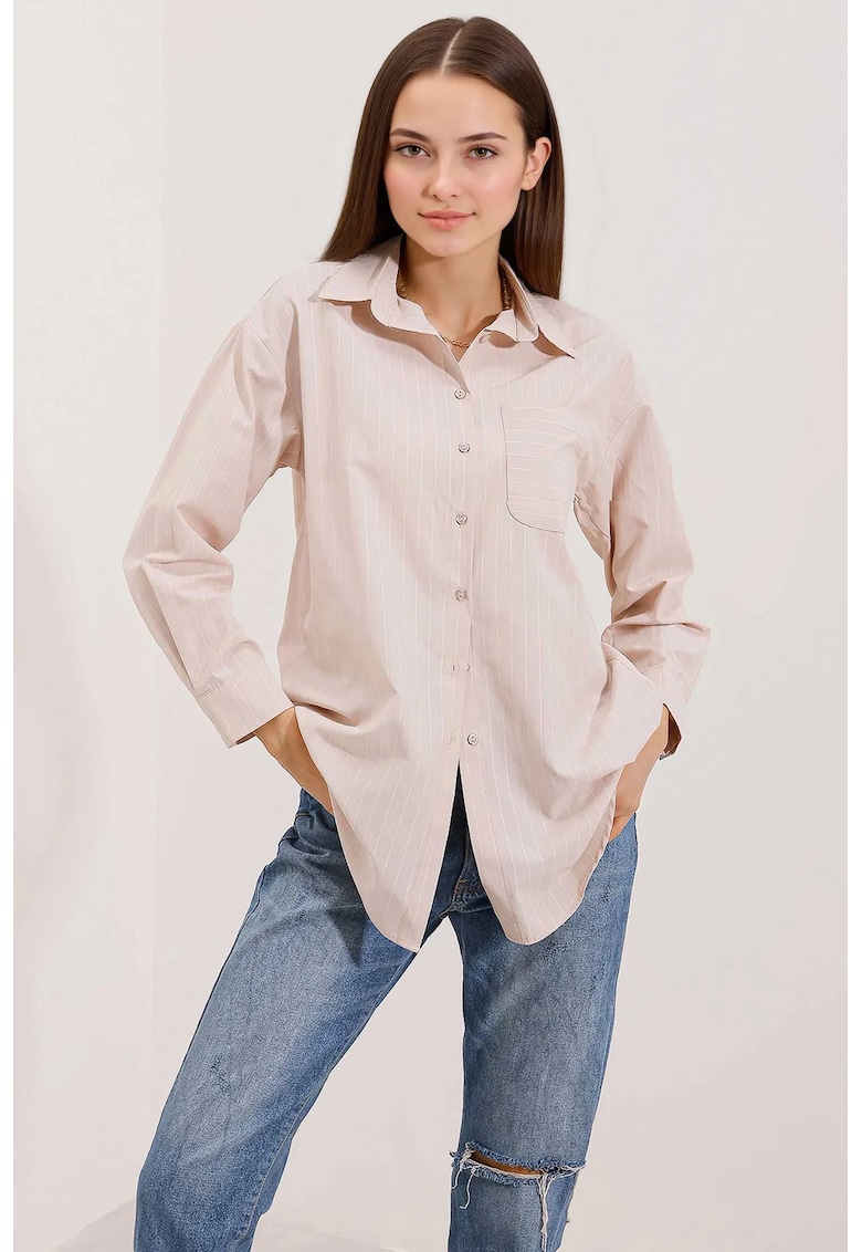 Camasa supradimensionata HiCCUP - crem - bumbac - cu buzunar