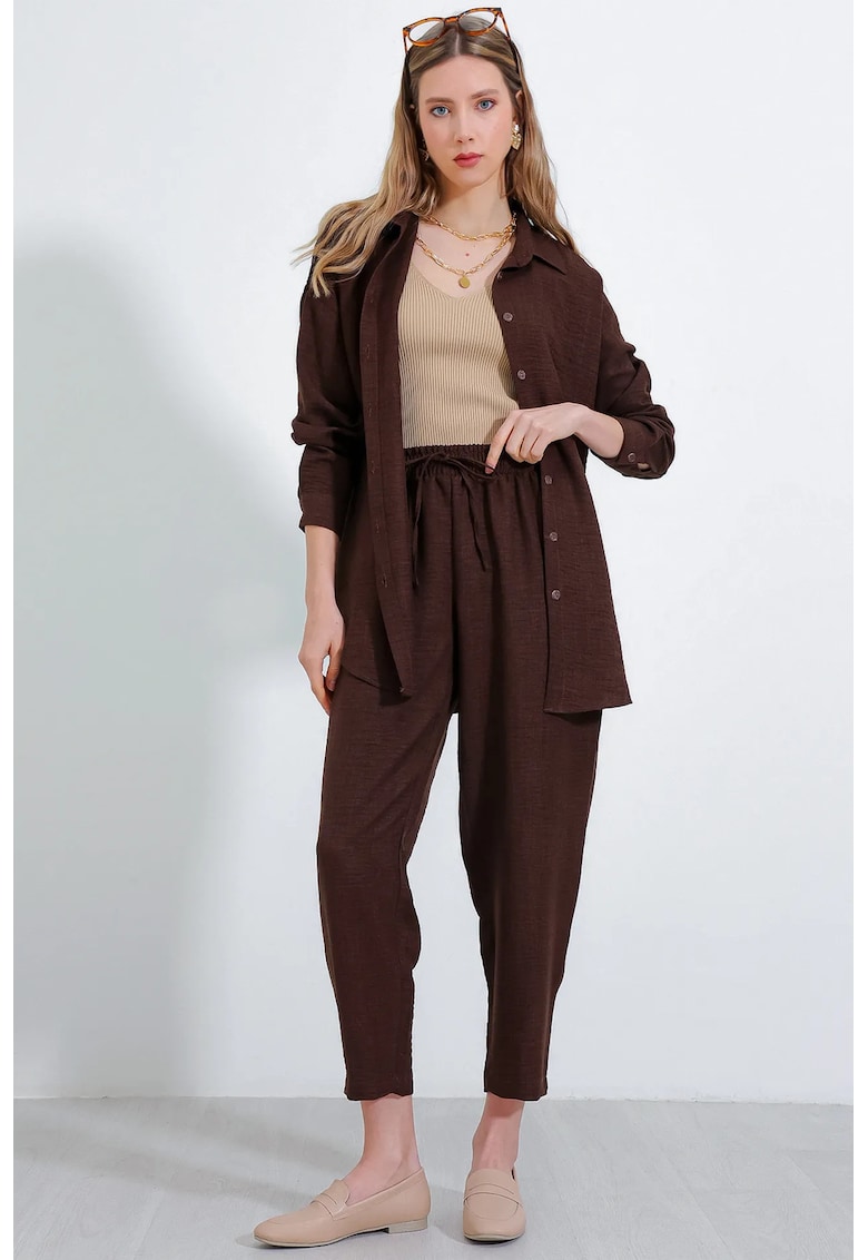 Compleu dama HiCCUP - camasa cu maneca lunga si pantaloni - viscoza/in - maro