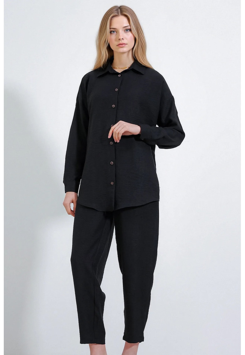 Compleu dama camasa cu maneca lunga si pantaloni - viscoza/in - negru