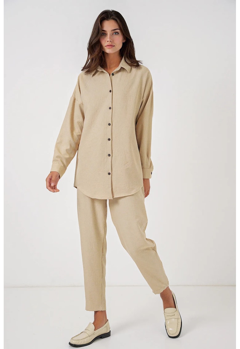 Compleu dama -  camasa cu maneca lunga si pantaloni - viscoza/in - bej -