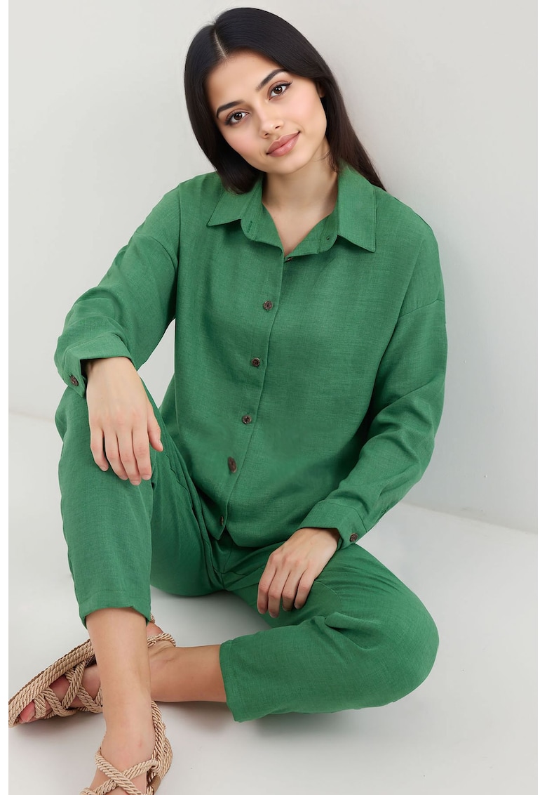Compleu camasa cu maneca lunga si pantaloni - verde smarald - viscoza si in