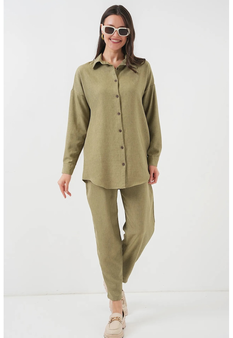 Compleu dama camasa cu maneca lunga si pantaloni - viscoza/in - verde