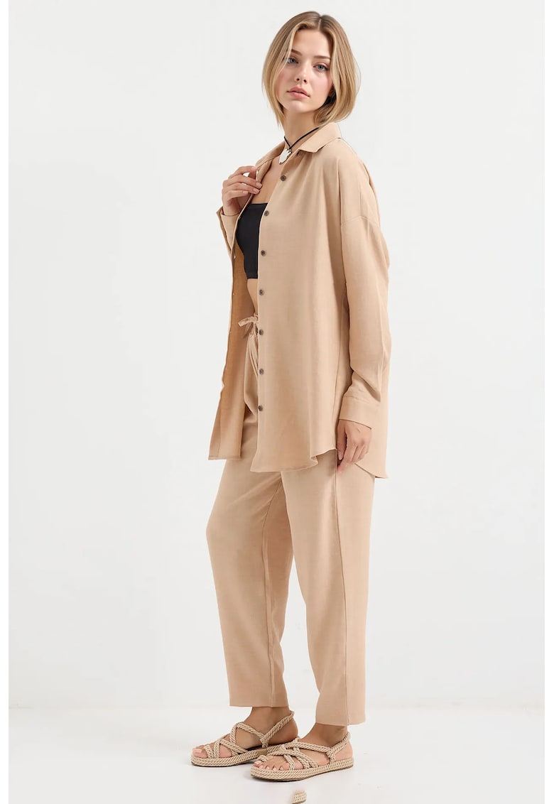 Compleu dama  camasa cu maneca lunga si pantaloni - viscoza/in - bej -