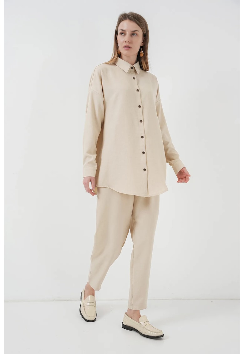 Compleu dama  camasa cu maneca lunga si pantaloni - viscoza/in - bej