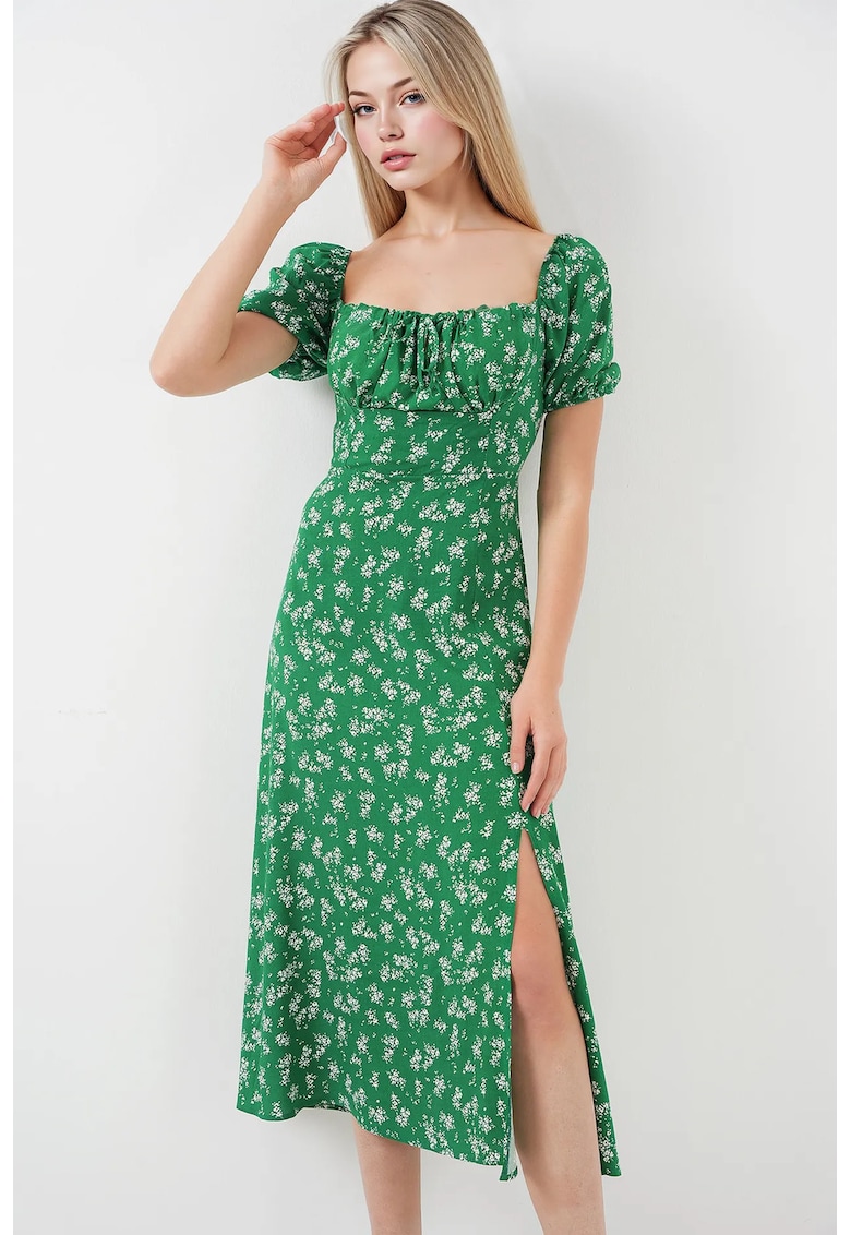 Rochie midi imprimeu floral - funda - verde - viscoza