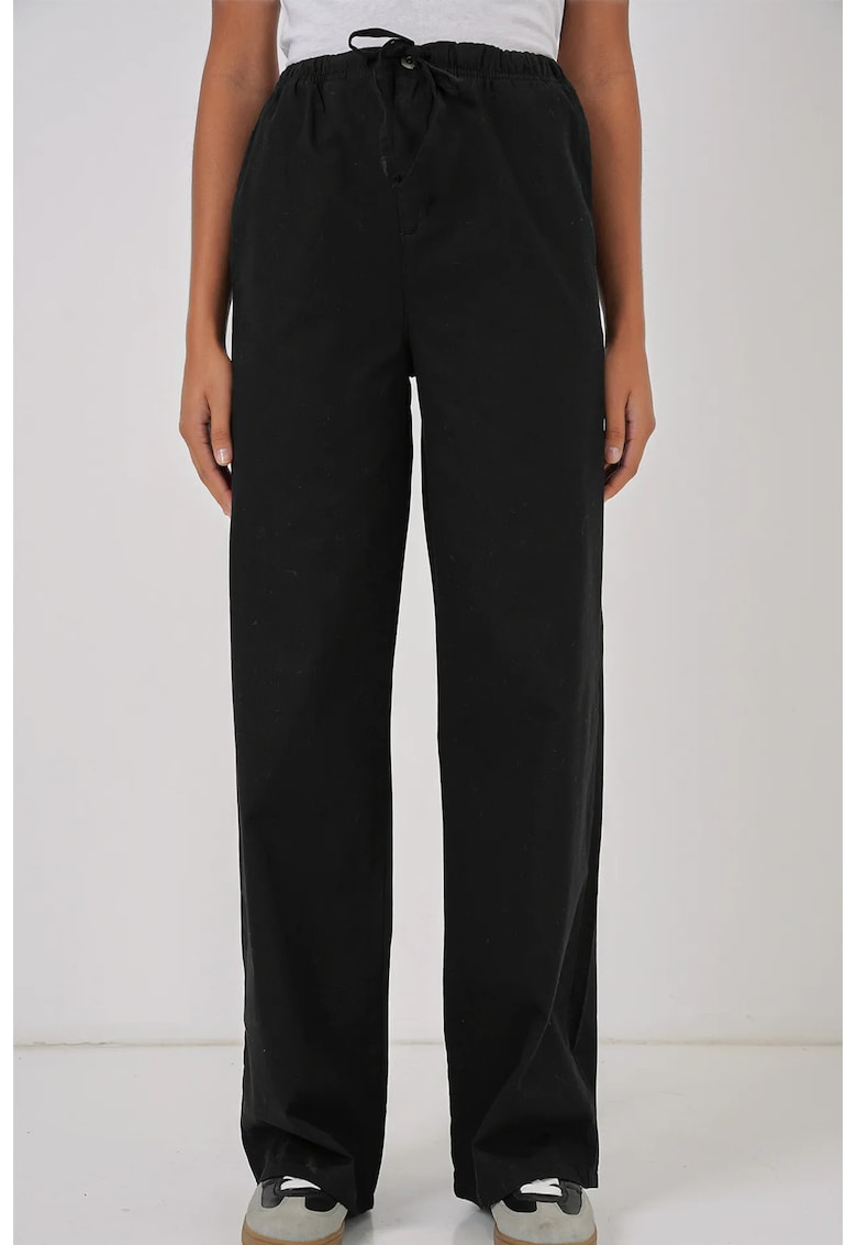 Pantaloni dama - HiCCUP - din bumbac cu talie inalta si snur - Negru