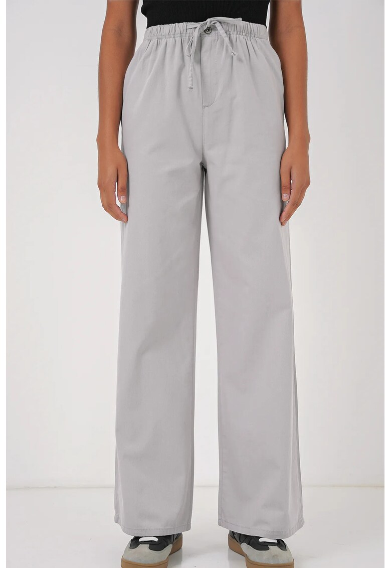 Pantaloni dama - largi din bumbac cu talie inalta si snur - gri
