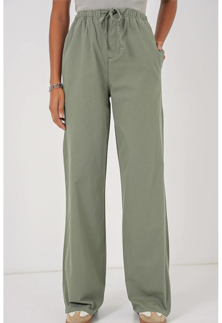 Pantaloni dama - largi din bumbac - talie inalta - verde -