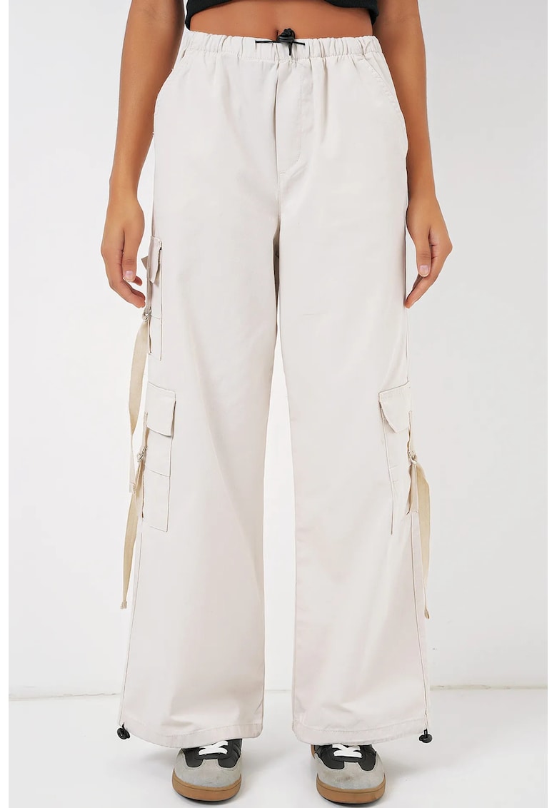 Pantaloni dama - HiCCUP - largi - snur - alb - bumbac