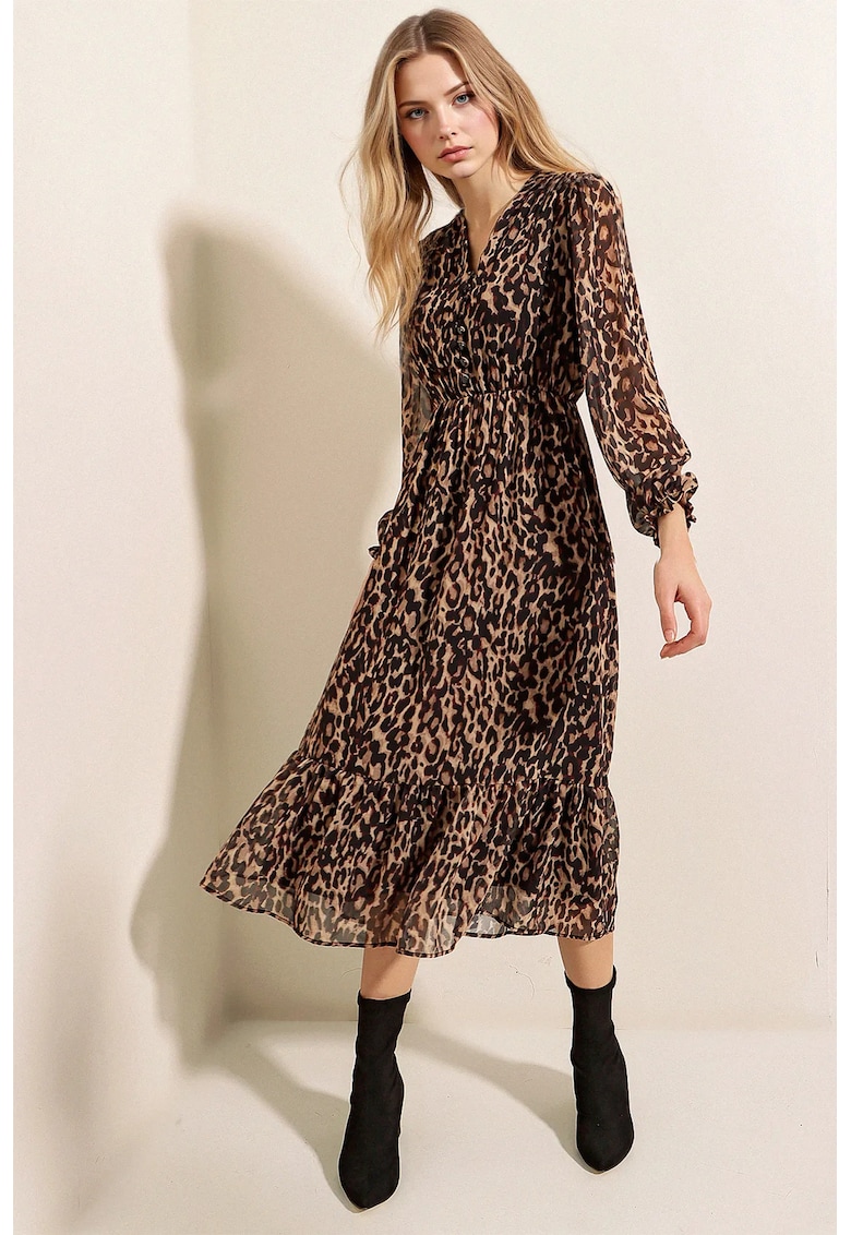 Rochie midi  cu decolteu in V - inchidere cu nasturi - maro - poliester -