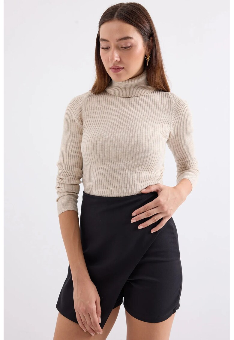 Pulover dama HiCCUP - texturat - guler inalt - natur - tricot