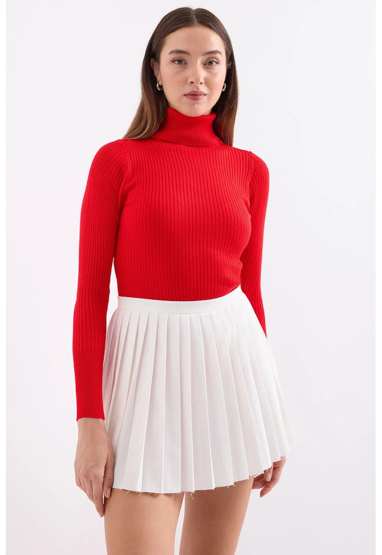 Pulover dama - BigDart - texturat cu guler inalt - tricot - Rosu