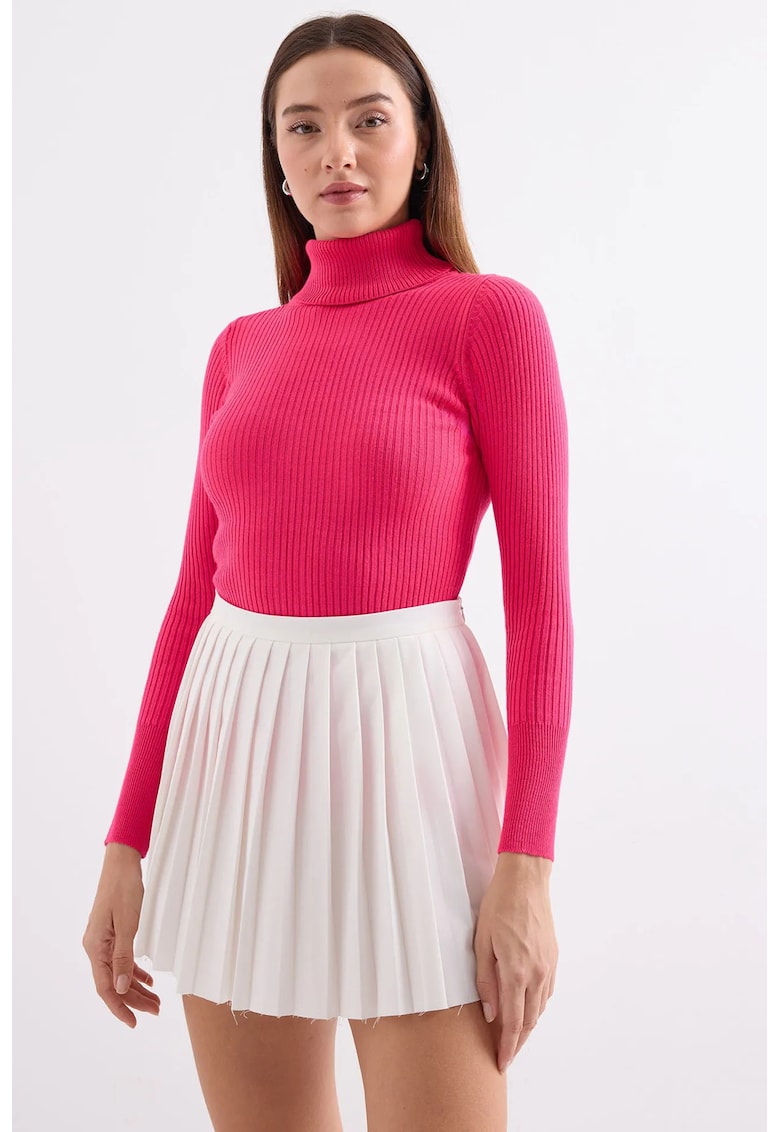 Pulover dama  guler inalt - texturat - roz - tricot -