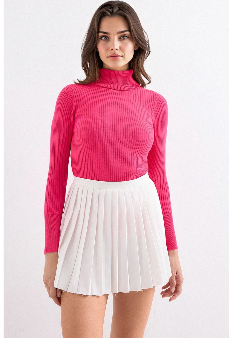 Pulover dama  texturat - guler inalt - roz - tricot