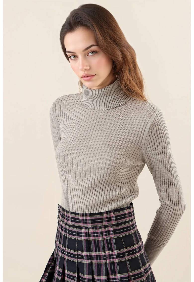 Pulover dama -  texturat - cu guler inalt - gri - tricot