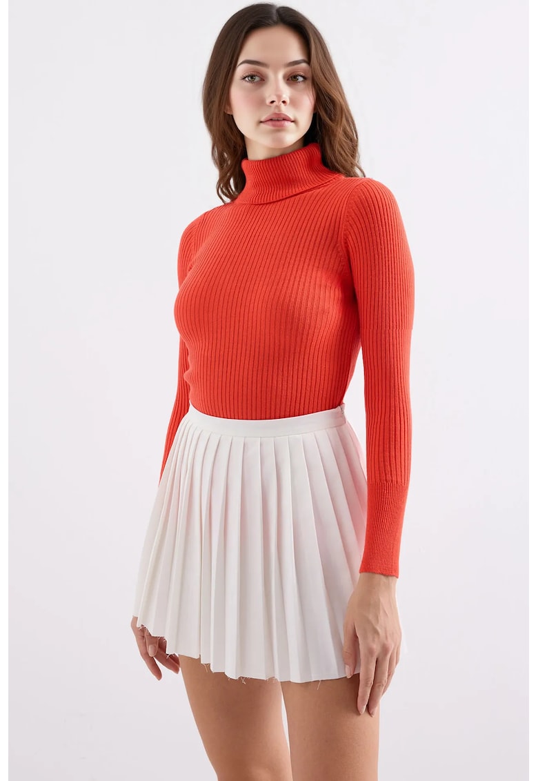 Pulover dama -  texturat - cu guler inalt - portocaliu - tricot