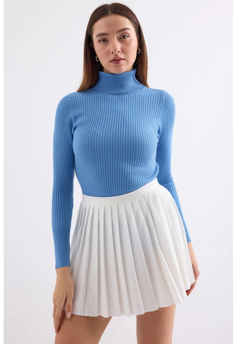 Pulover dama HiCCUP - texturat - guler inalt - albastru - tricot acrilic